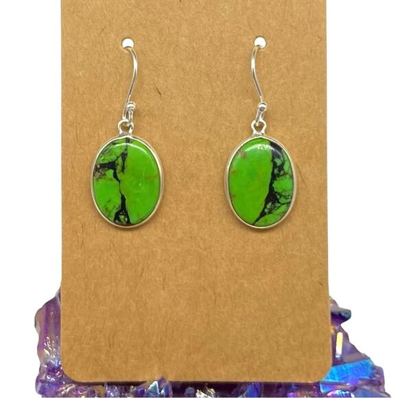 Hand Crafted Jewelry - Green Matrix Turquoise Earrings Solid 925 Sterling Silver Dangle Drop Western